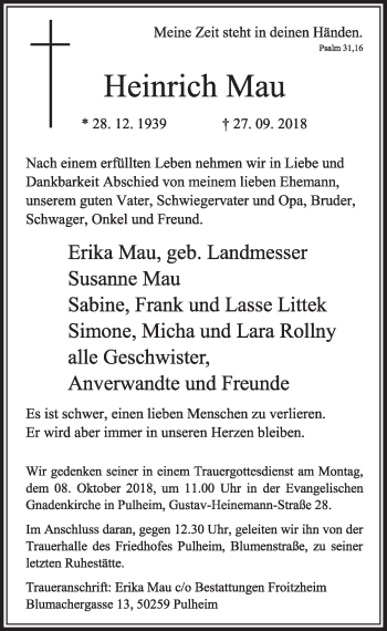 Anzeige von Heinrich Mau von  Sonntags-Post 