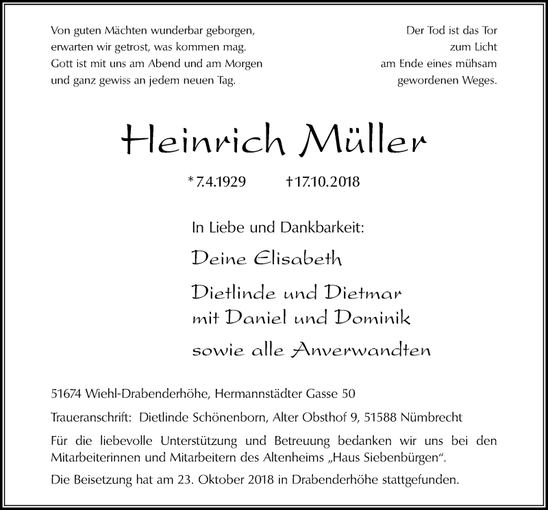  Traueranzeige für Heinrich Müller vom 24.10.2018 aus  Anzeigen Echo 