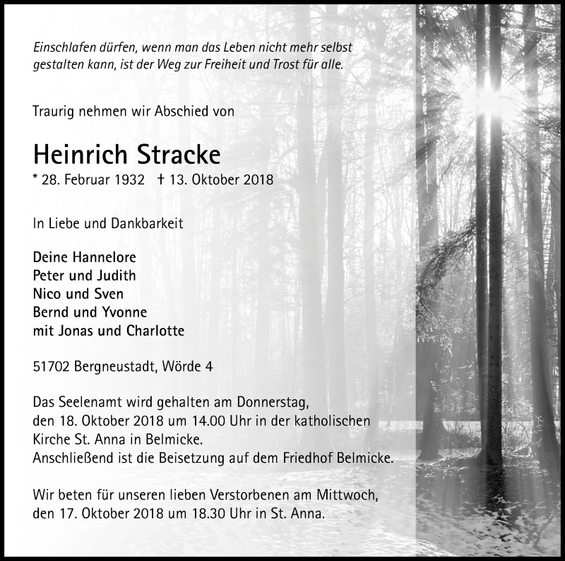  Traueranzeige für Heinrich Stracke vom 16.10.2018 aus Kölner Stadt-Anzeiger / Kölnische Rundschau / Express
