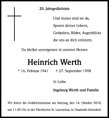 Anzeige von Heinrich Werth von Kölner Stadt-Anzeiger / Kölnische Rundschau / Express