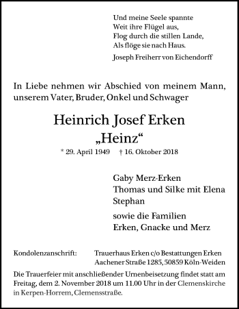 Anzeige von Heinrich Josef Erken von Kölner Stadt-Anzeiger / Kölnische Rundschau / Express