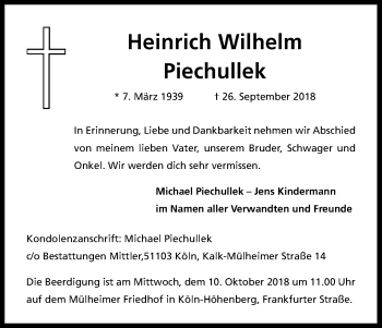 Anzeige von Heinrich Wilhelm Piechullek von Kölner Stadt-Anzeiger / Kölnische Rundschau / Express