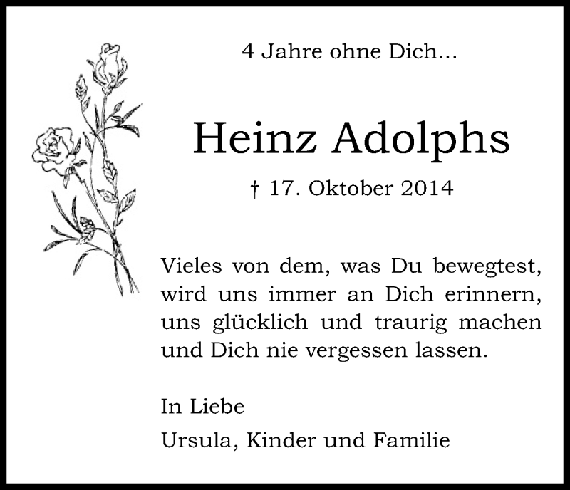  Traueranzeige für Heinz Adolphs vom 17.10.2018 aus Kölner Stadt-Anzeiger / Kölnische Rundschau / Express