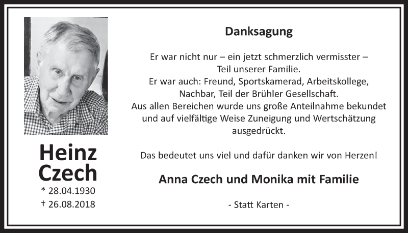  Traueranzeige für Heinz Czech vom 17.10.2018 aus  Schlossbote/Werbekurier 