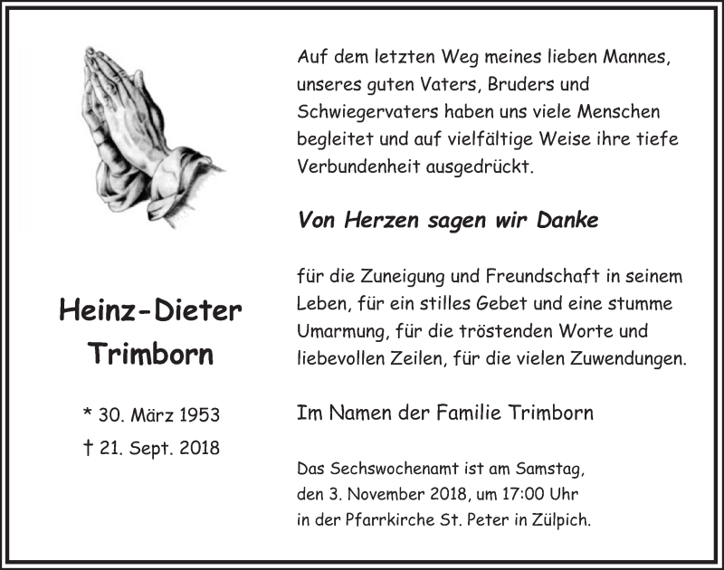  Traueranzeige für Heinz-Dieter Trimborn vom 20.10.2018 aus  Blickpunkt Euskirchen 