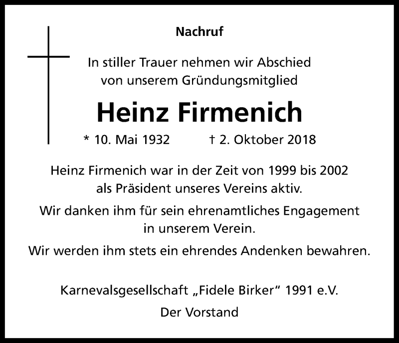  Traueranzeige für Heinz Firmenich vom 09.10.2018 aus Kölner Stadt-Anzeiger / Kölnische Rundschau / Express