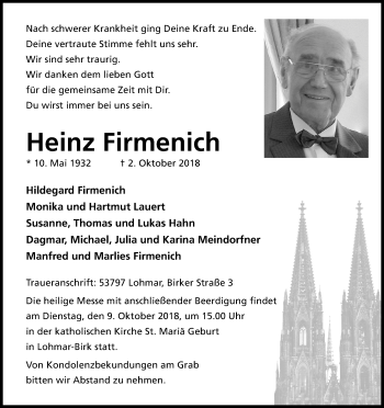 Anzeige von Heinz Firmenich von Kölner Stadt-Anzeiger / Kölnische Rundschau / Express
