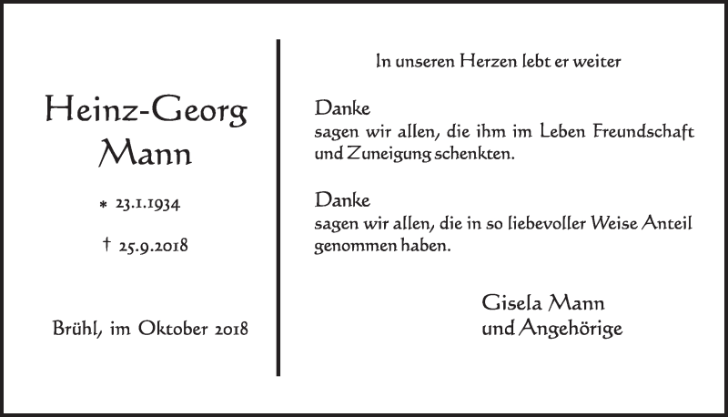  Traueranzeige für Heinz-Georg Mann vom 17.10.2018 aus  Schlossbote/Werbekurier 