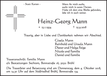 Anzeige von Heinz-Georg Mann von  Schlossbote/Werbekurier 