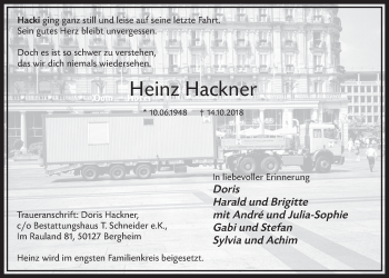 Anzeige von Heinz Hackner von  Sonntags-Post 