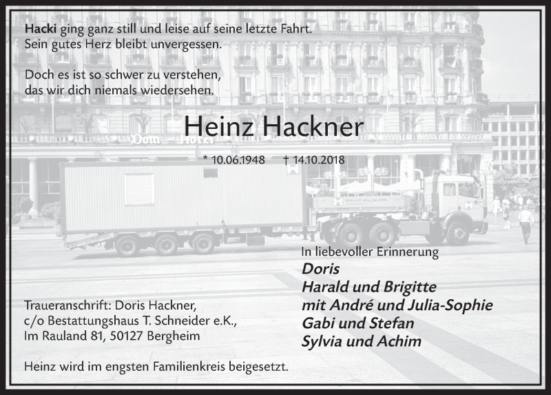  Traueranzeige für Heinz Hackner vom 20.10.2018 aus  Sonntags-Post 