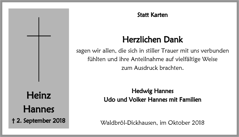  Traueranzeige für Heinz Hannes vom 24.10.2018 aus  Lokalanzeiger 