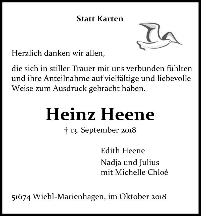  Traueranzeige für Heinz Heene vom 20.10.2018 aus Kölner Stadt-Anzeiger / Kölnische Rundschau / Express