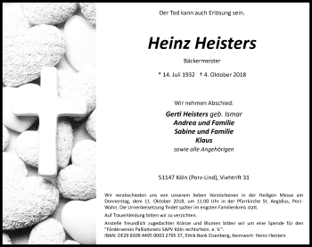 Anzeige von Heinz Heisters von Kölner Stadt-Anzeiger / Kölnische Rundschau / Express