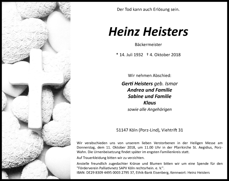  Traueranzeige für Heinz Heisters vom 10.10.2018 aus Kölner Stadt-Anzeiger / Kölnische Rundschau / Express