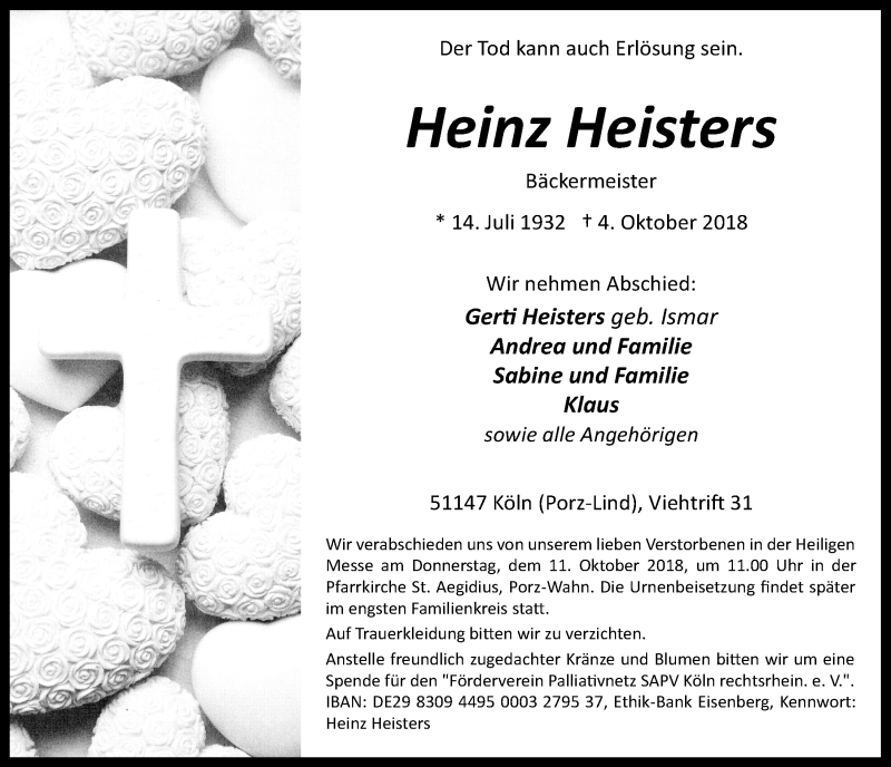  Traueranzeige für Heinz Heisters vom 10.10.2018 aus  Kölner Wochenspiegel 