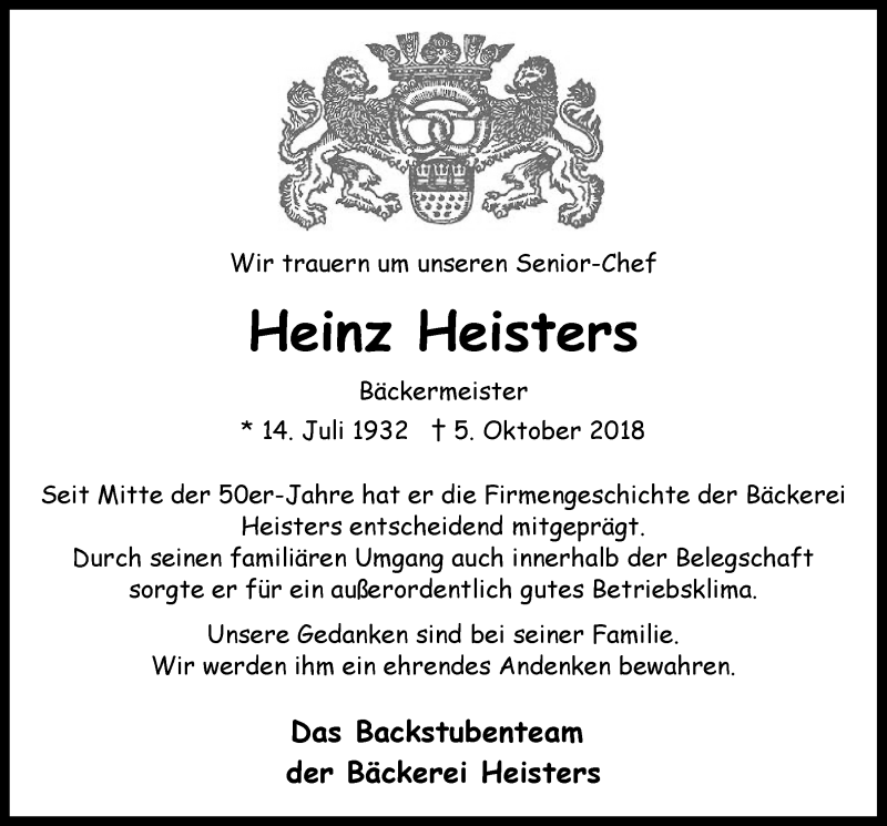  Traueranzeige für Heinz Heisters vom 17.10.2018 aus  Kölner Wochenspiegel 