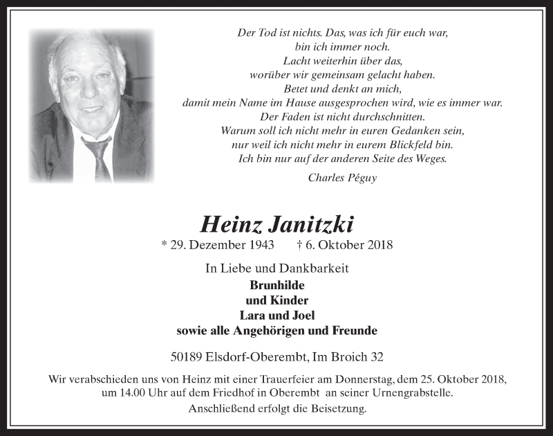  Traueranzeige für Heinz Janitzki vom 17.10.2018 aus  Werbepost 