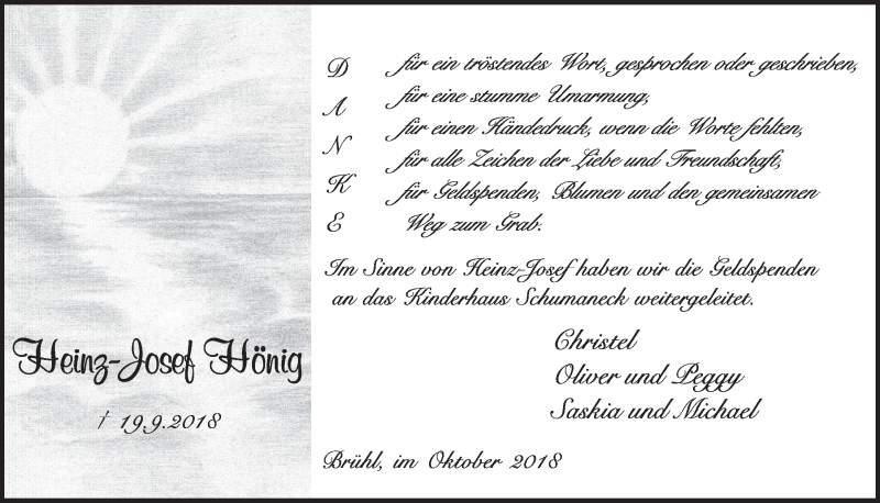  Traueranzeige für Heinz-Josef Hönig vom 24.10.2018 aus  Schlossbote/Werbekurier 