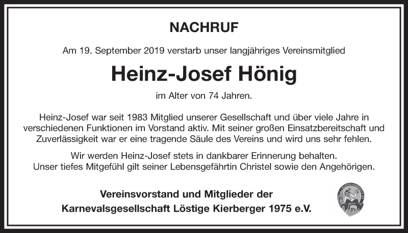  Traueranzeige für Heinz-Josef Hönig vom 10.10.2018 aus  Schlossbote/Werbekurier 