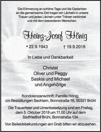 Anzeige von Heinz-Josef Hönig von  Schlossbote/Werbekurier 