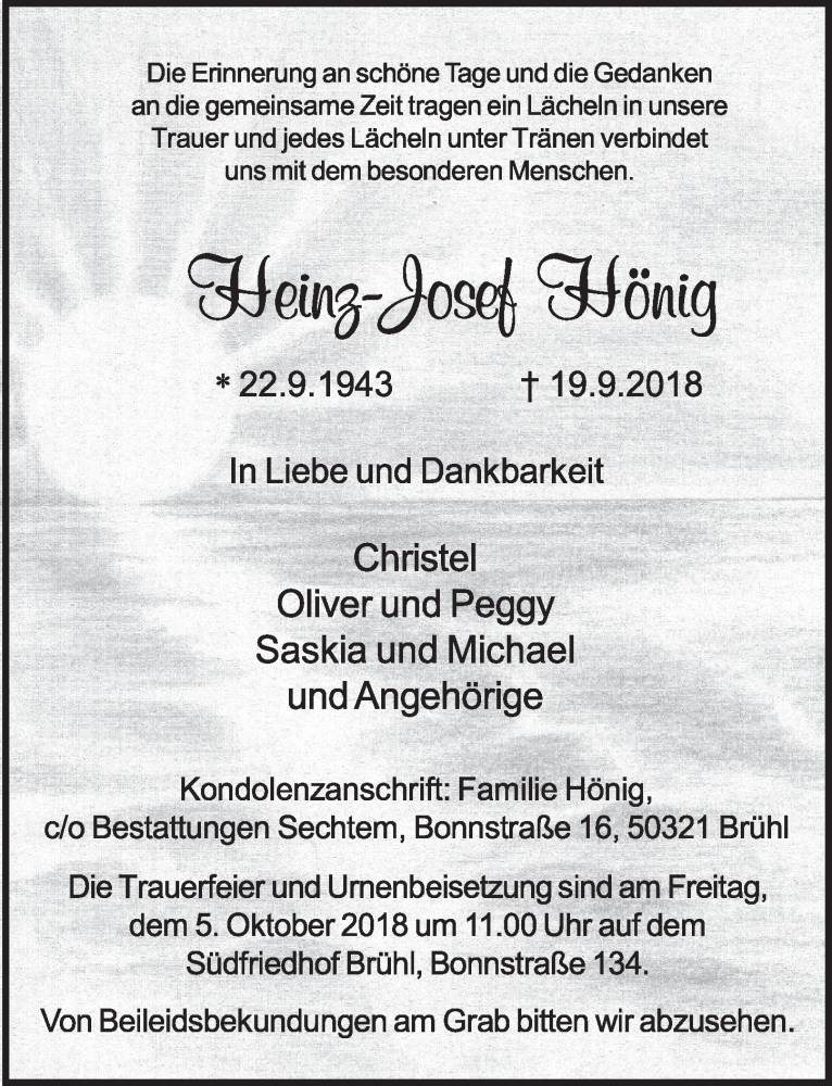  Traueranzeige für Heinz-Josef Hönig vom 03.10.2018 aus  Schlossbote/Werbekurier 