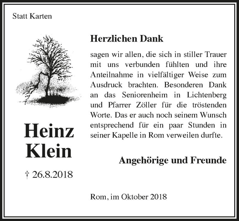  Traueranzeige für Heinz Klein vom 03.10.2018 aus  Lokalanzeiger 