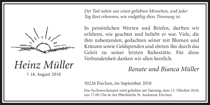  Traueranzeige für Heinz Müller vom 06.10.2018 aus  Sonntags-Post 