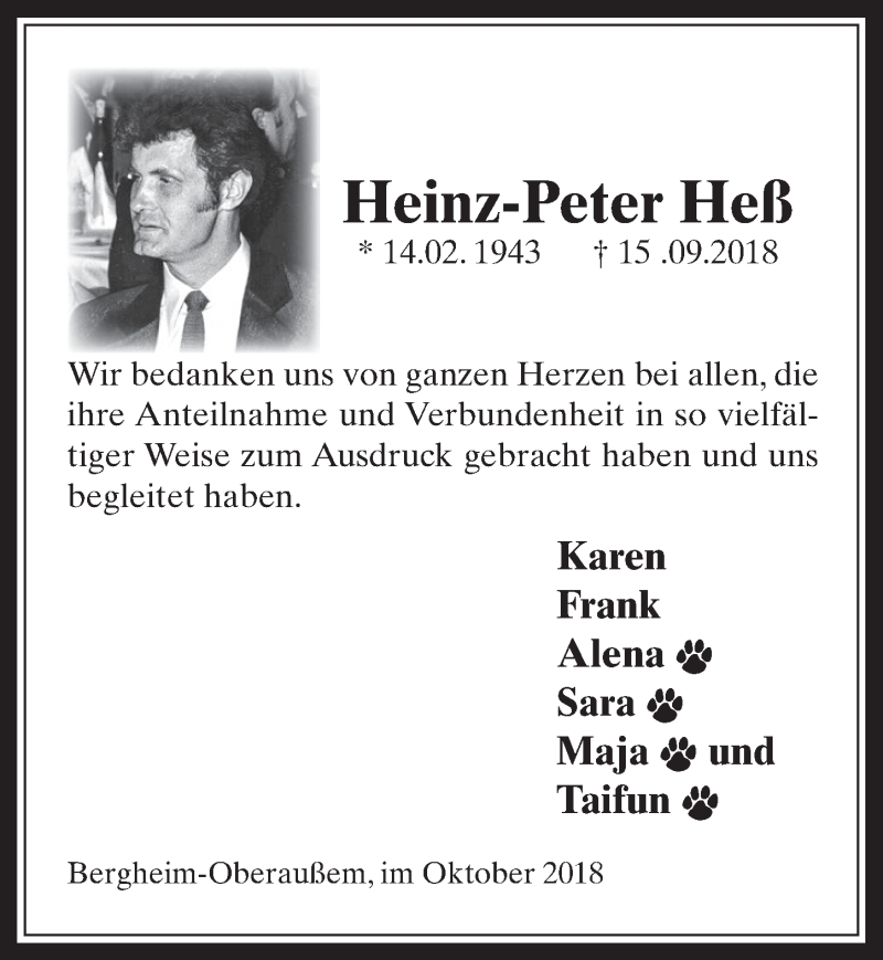  Traueranzeige für Heinz-Peter Heß vom 24.10.2018 aus  Werbepost 