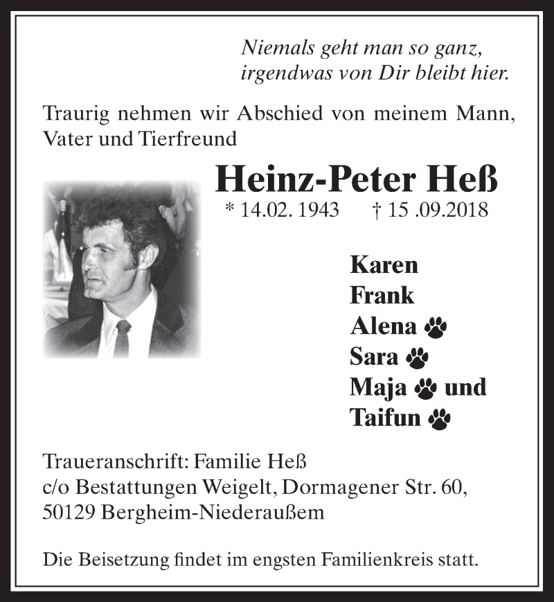  Traueranzeige für Heinz-Peter Heß vom 03.10.2018 aus  Werbepost 