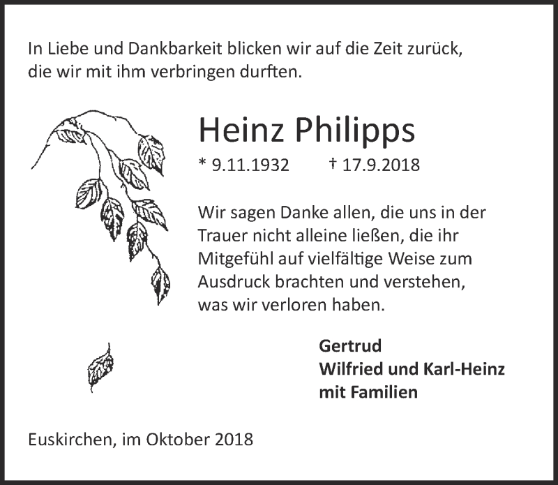  Traueranzeige für Heinz Philipps vom 27.10.2018 aus  Blickpunkt Euskirchen 