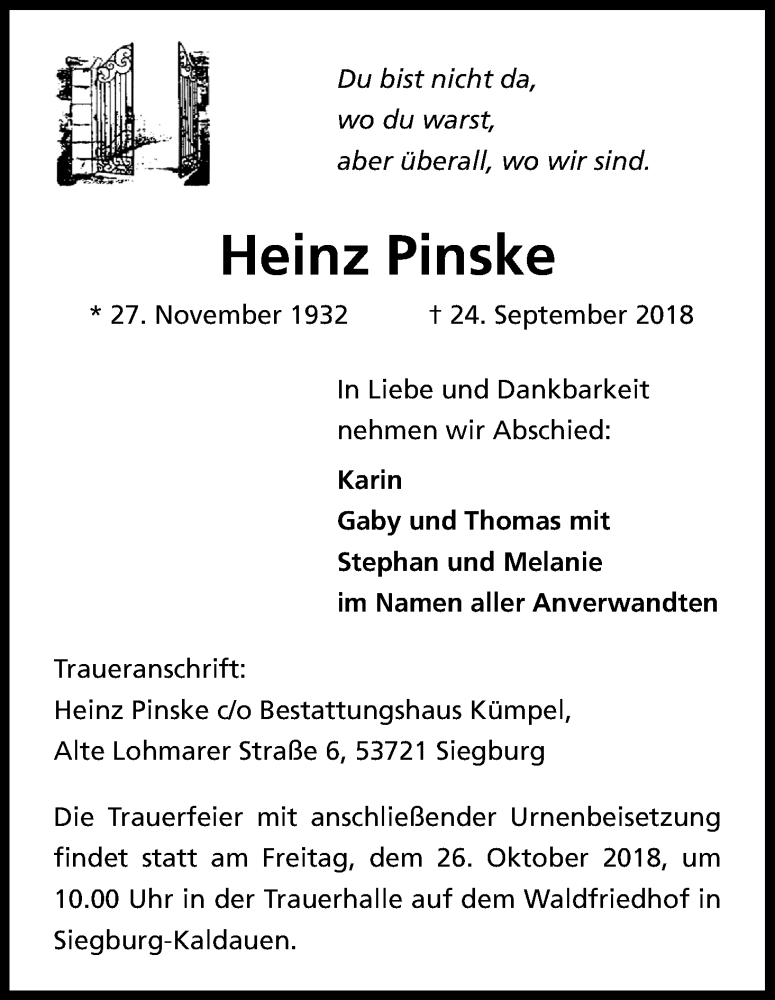  Traueranzeige für Heinz Pinske vom 20.10.2018 aus Kölner Stadt-Anzeiger / Kölnische Rundschau / Express