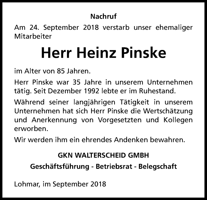  Traueranzeige für Heinz Pinske vom 02.10.2018 aus Kölner Stadt-Anzeiger / Kölnische Rundschau / Express