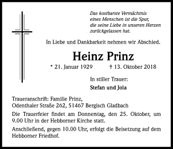 Anzeige von Heinz Prinz von Kölner Stadt-Anzeiger / Kölnische Rundschau / Express