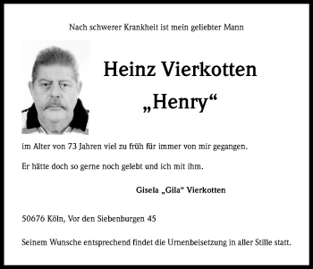Anzeige von Heinz Vierkotten von Kölner Stadt-Anzeiger / Kölnische Rundschau / Express