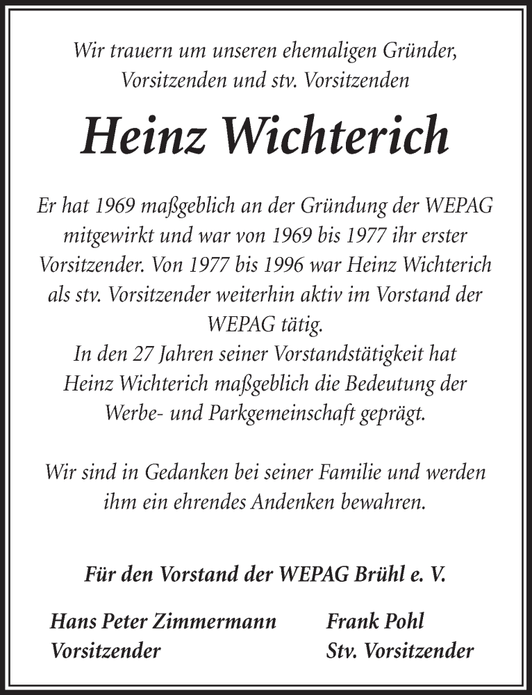  Traueranzeige für Heinz Wichterich vom 10.10.2018 aus  Schlossbote/Werbekurier 