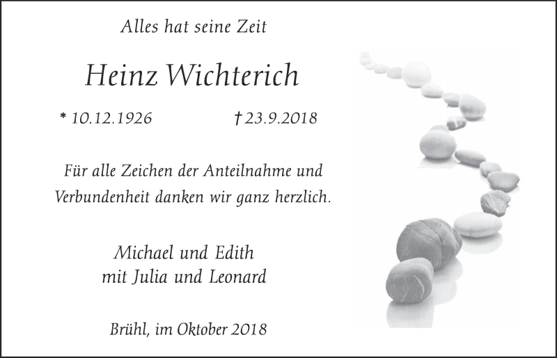 Traueranzeige für Heinz Wichterich vom 31.10.2018 aus  Schlossbote/Werbekurier 
