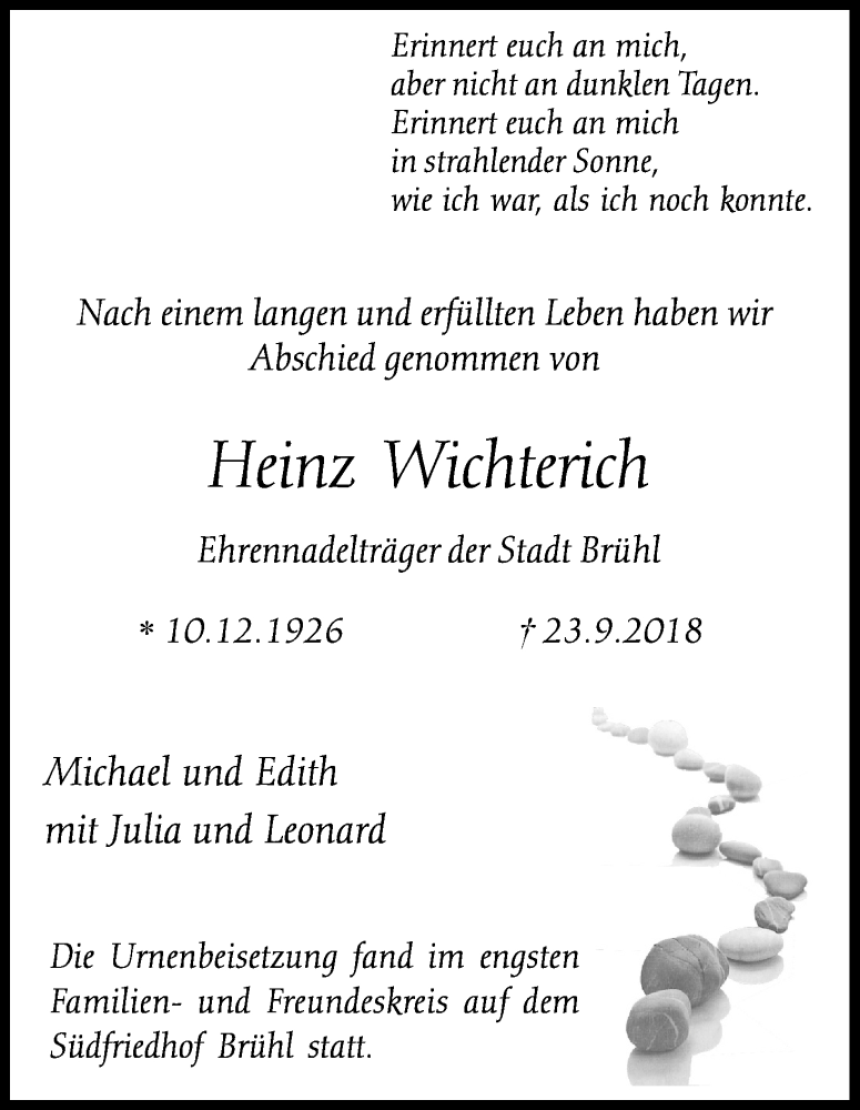  Traueranzeige für Heinz Wichterich vom 06.10.2018 aus Kölner Stadt-Anzeiger / Kölnische Rundschau / Express