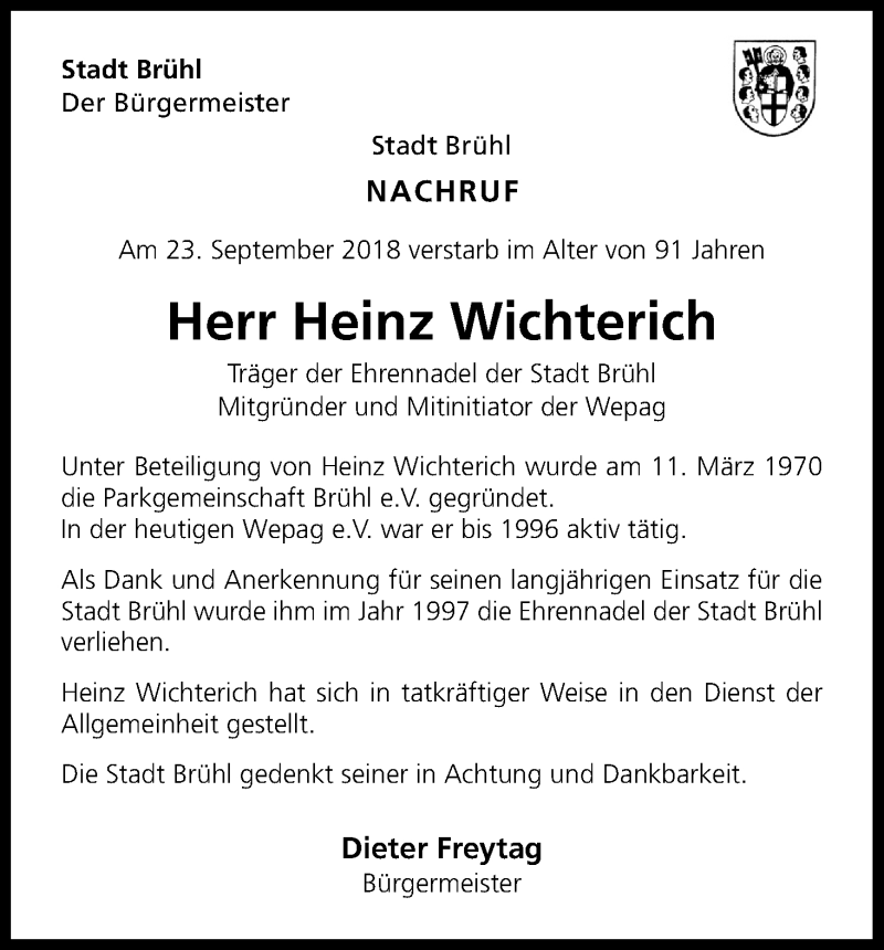  Traueranzeige für Heinz Wichterich vom 06.10.2018 aus Kölner Stadt-Anzeiger / Kölnische Rundschau / Express