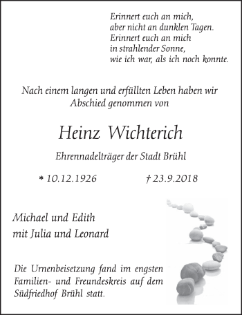 Anzeige von Heinz Wichterich von  Schlossbote/Werbekurier 