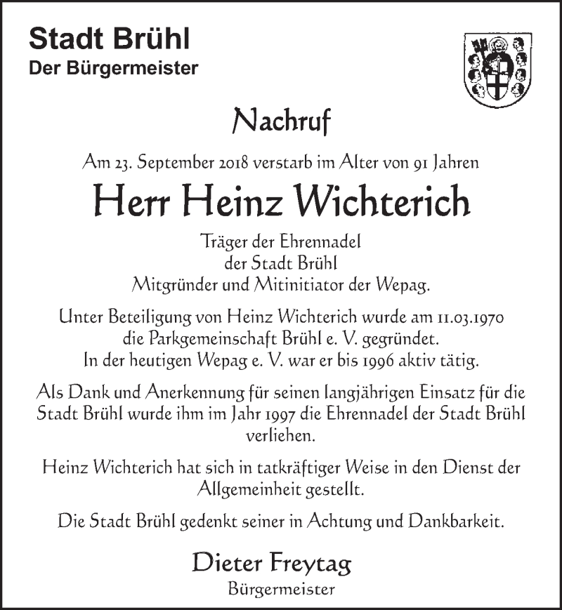  Traueranzeige für Heinz Wichterich vom 10.10.2018 aus  Schlossbote/Werbekurier 