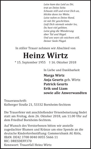 Anzeige von Heinz Wirtz von  Schlossbote/Werbekurier 