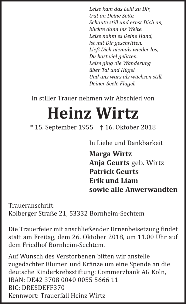  Traueranzeige für Heinz Wirtz vom 24.10.2018 aus  Schlossbote/Werbekurier 