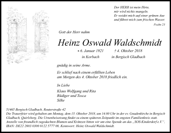 Anzeige von Heinz Oswald Waldschmidt von Kölner Stadt-Anzeiger / Kölnische Rundschau / Express