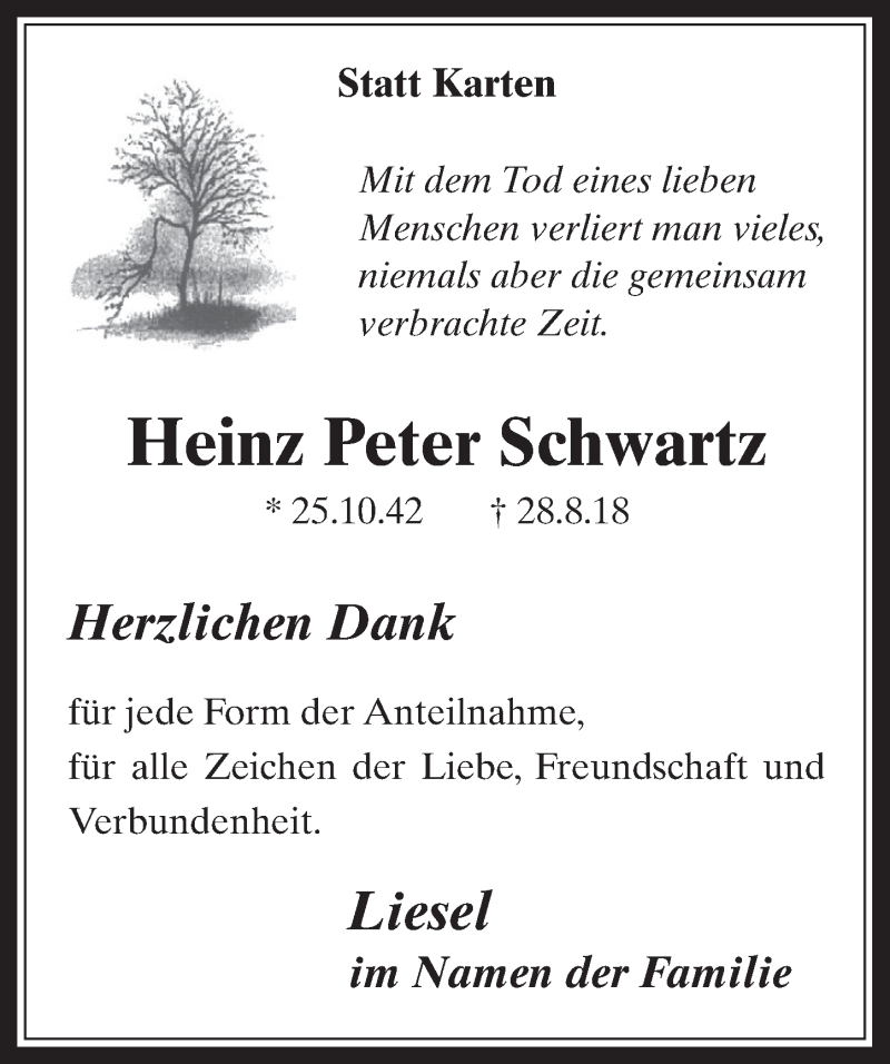  Traueranzeige für Heinz Peter Schwartz vom 03.10.2018 aus  Werbepost 
