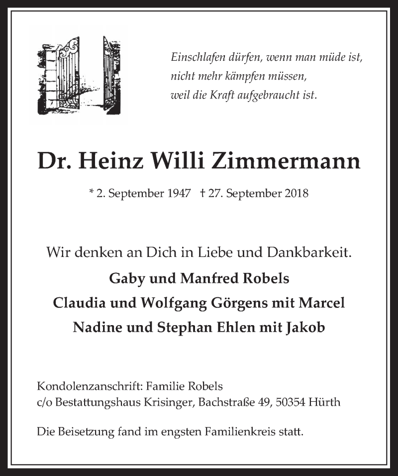  Traueranzeige für Heinz Willi Zimmermann vom 10.10.2018 aus  Wochenende 