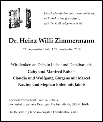 Anzeige von Heinz Willi Zimmermann von Kölner Stadt-Anzeiger / Kölnische Rundschau / Express