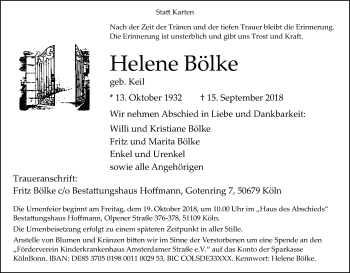 Anzeige von Helene Bölke von Kölner Stadt-Anzeiger / Kölnische Rundschau / Express