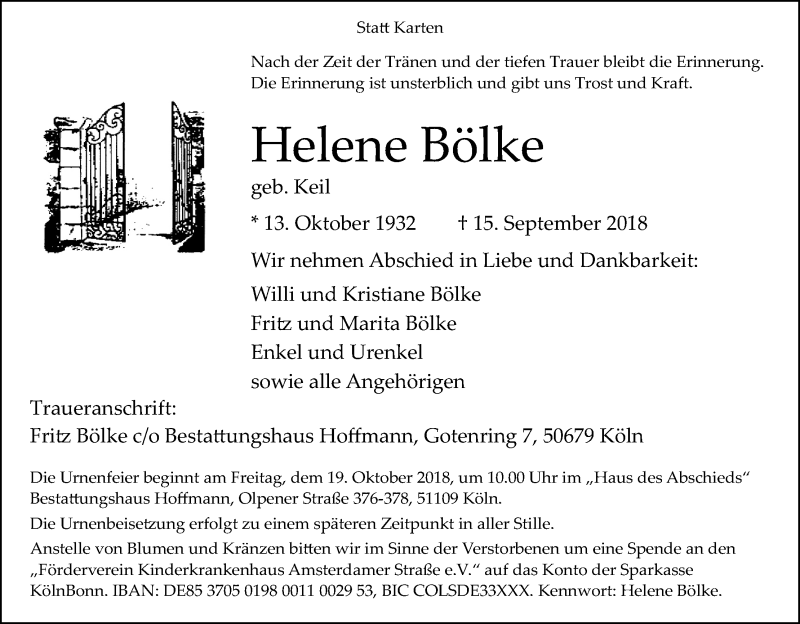  Traueranzeige für Helene Bölke vom 13.10.2018 aus Kölner Stadt-Anzeiger / Kölnische Rundschau / Express