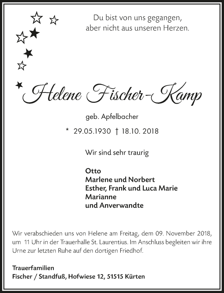  Traueranzeige für Helene Fischer-Kamp vom 31.10.2018 aus  Bergisches Handelsblatt 